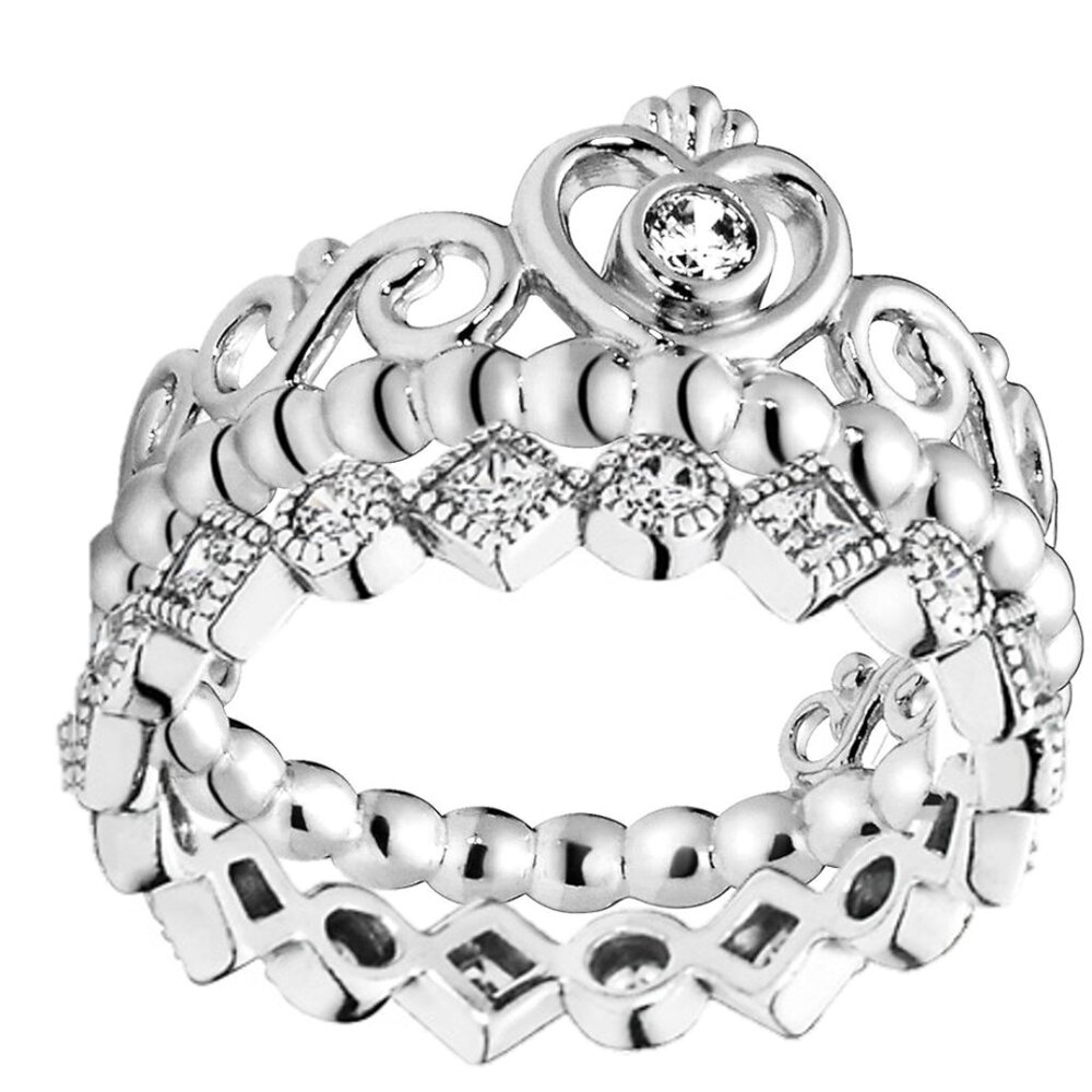 Pandora Alluring Brilliant Princess Ring & Diamond Princess Tiara Crown Ring Set